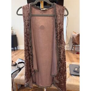 Listicle brown Crushed Velvet Open Front Vest Crochet Lace Trim‎ Sleeveless L